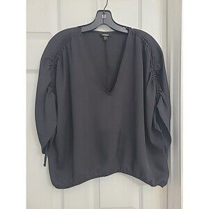 Women Express Black Ruched Sleeve Blouse, Sz L. RELAXED FIT
